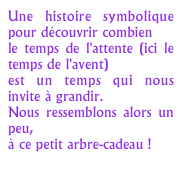 Une histoire symbolique pour découvrir combien le temps de l'attente (ici le temps de l'avent)
est un temps qui nous invite à grandir.
Nous ressemblons alors un peu,
à ce petit arbre-cadeau !
